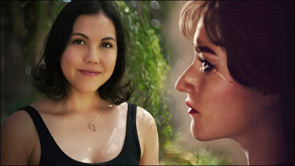 Director Natalie Erika James and Julia Garner in the Apartment 7A poster