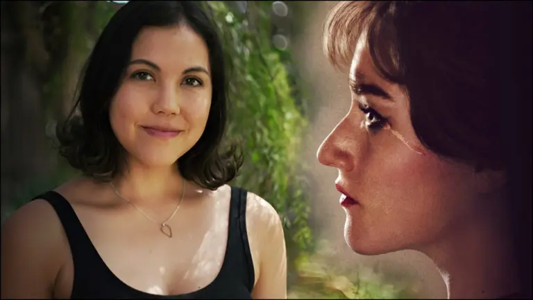 Director Natalie Erika James and Julia Garner in the Apartment 7A poster