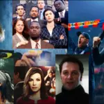 Stills from Outlander, Ted Lasso, Happy Valley, Homicide Life in the Street, The Americans, and The Good Wife