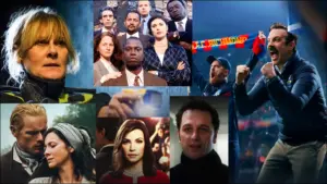 Stills from Outlander, Ted Lasso, Happy Valley, Homicide Life in the Street, The Americans, and The Good Wife