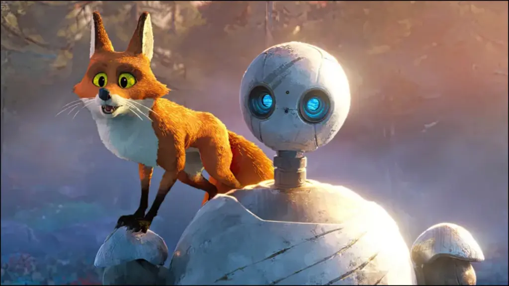 Fink (Pedro Pascal) and Roz (Lupita Nyong'o) in The Wild Robot