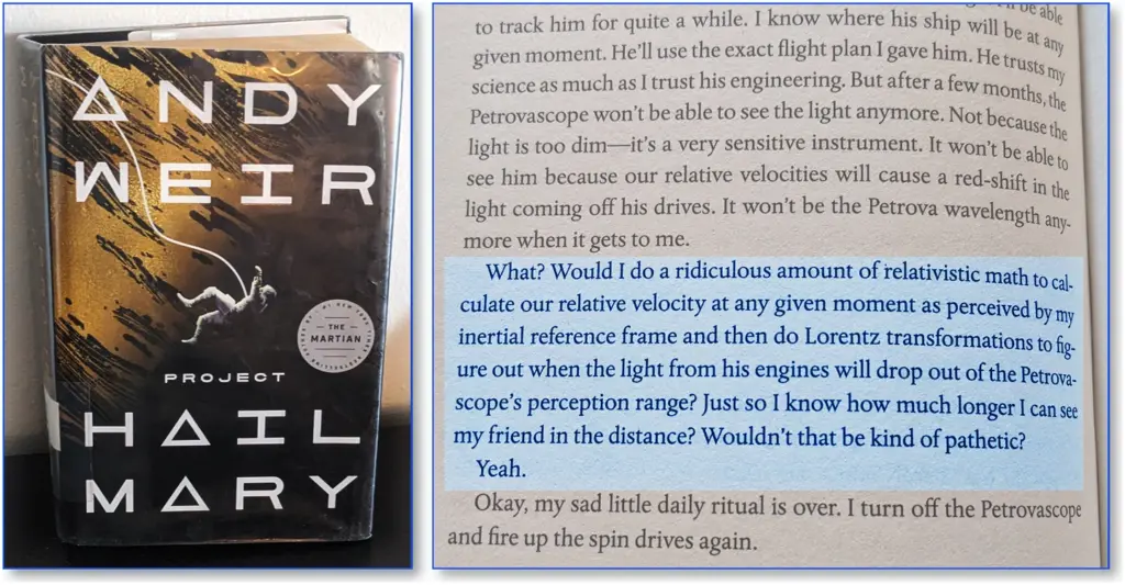 Project Hail Mary book cover by Andy Weir on the left, and a page with a blue highlighted paragraph about relativistic math on the right.