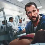 Emergency room doctor with stethoscope leaning over a patient on a gurney as other staff work in the background, hospital hallway setting.